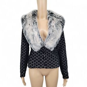 Cache Vintage Black Velvet and Gray Faux Fur Women's Carigan Sweater